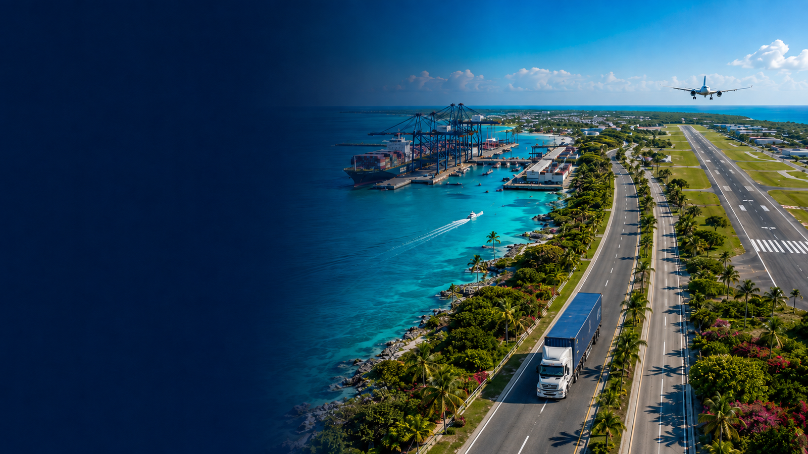 Aerial view of Nassau's cargo port and airport runway, The Bahamas