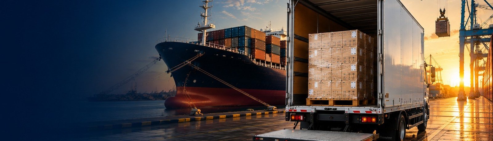 Commercial Import Clearance — a truck loading at port alongside a container ship at sunset.
