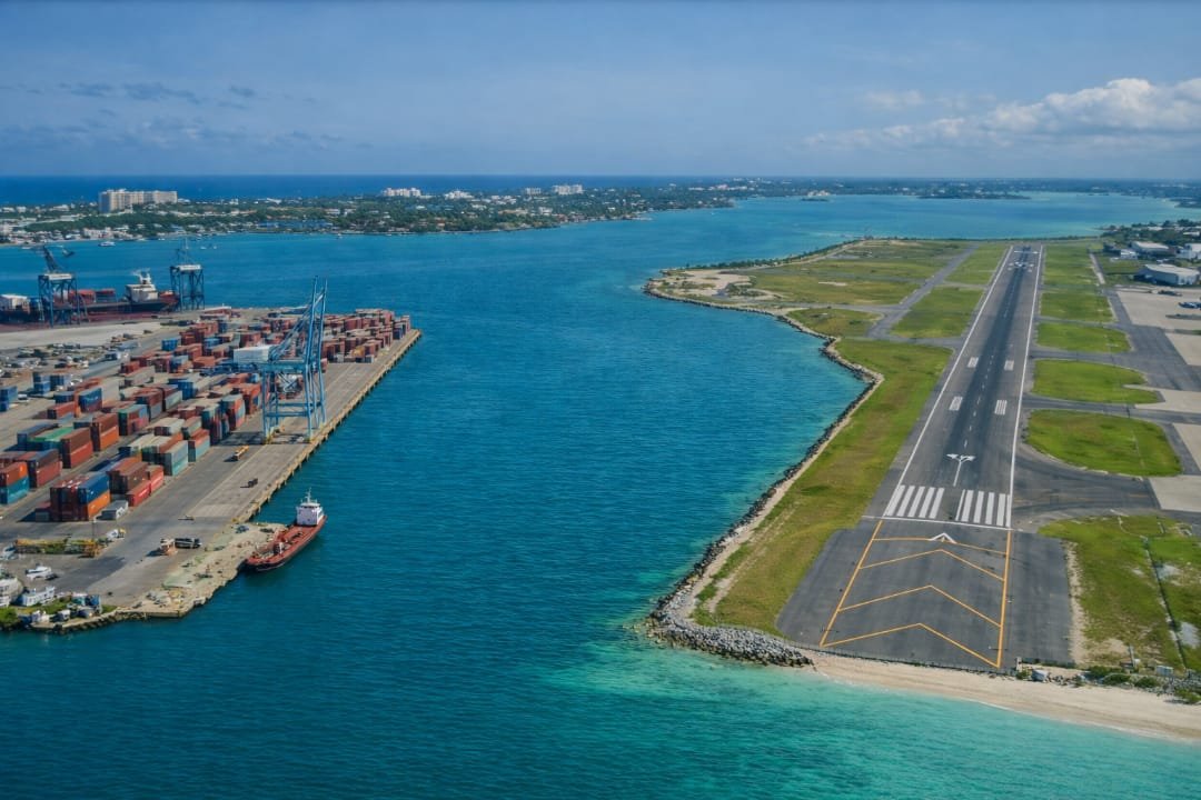 Aerial view of Nassau's cargo port and airport runway, The Bahamas
